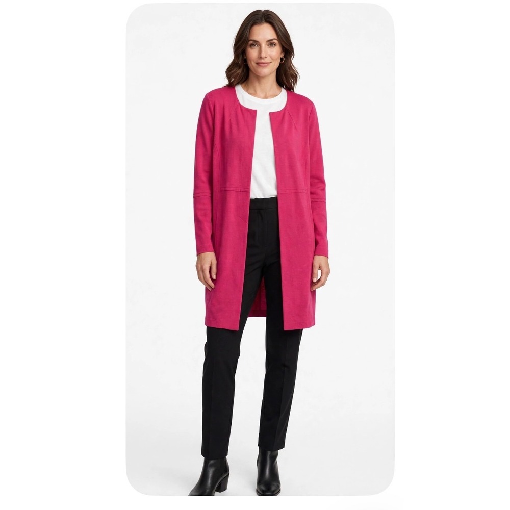 Chicos Womens Pink Longline Topper Jacket Textured Snap Front Size 2 Large